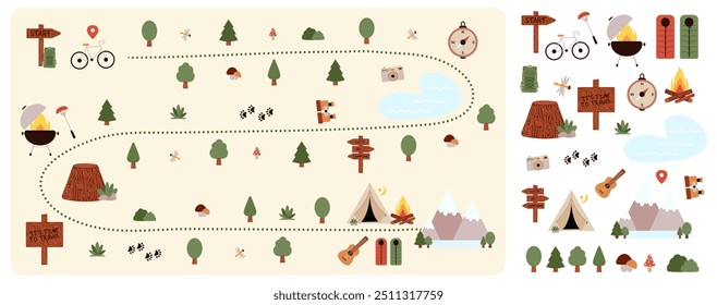 Camping and Hiking map creator and set flat elements for creating childrens camp. Nature plan with mountains, bike, trees and other stickers for summer trip. Vector illustration