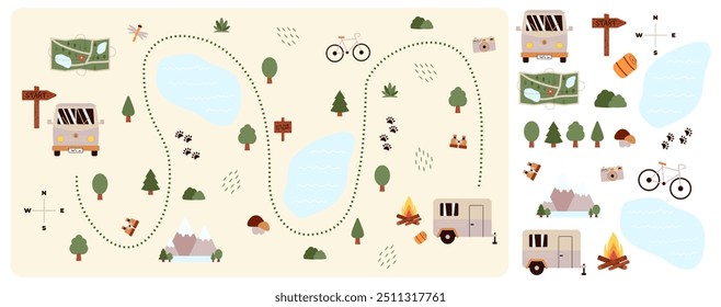 Criador de mapas de Camping e Caminhadas e definir elementos planos para a construção de acampamento de crianças. Plano de natureza com montanhas, lagos, carro, árvores e outros objetos para viagem de verão. Ilustração vetorial