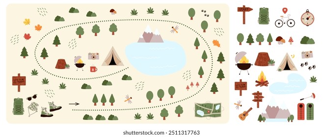 Camping and Hiking map creator and set flat elements for constructing kids camp. Nature plan with mountains, lake, trees and other icons for summer trip. Vector illustration