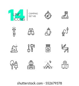 Camping and Hiking - modern vector line design icons set. Compass, boots, flashlight, binocular, thermos, fishing, fire, spade, axe, matches pocket knife trees backpack tent map