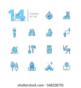 Camping and Hiking - modern vector line design icons set with accent color. Compass, boots, flashlight, binocular, thermos, fishing, fire, spade, axe, pocket, knife. Material design concept symbols