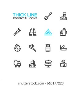Camping und Wandern - moderne Vektorliniendesign-Symbole. Stiefel, Taschenlampe, Binokular, Thermoskanne, Richtung, Feuer, Spade, Axt, Streichholz-Taschenmesser-Bäume Rucksack-Zeltkarte
