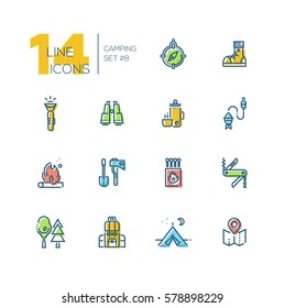 Camping and Hiking - modern vector thick line design icons set with accent color. Compass, boot, flashlight, binocular, thermos, fishing, fire, spade, axe, matches pocket knife trees backpack tent map