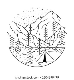 Camping Hiking Mountain Line Graphic Illustration Vector Art T-shirt Design