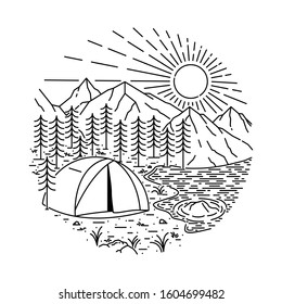 Camping Hiking Mountain Line Graphic Illustration Vector Art T-shirt Design