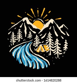 Camping Hiking Mountain Nature River Graphic Illustration Vector Art T-shirt Design