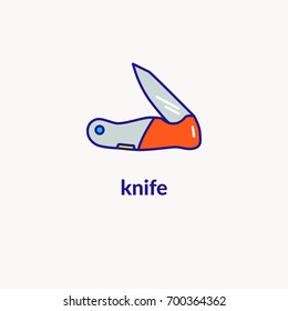 Camping and hiking multifunctional pocket knife icon is open. Flat illustration