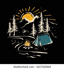 Camping Hiking Nature Mountain River Graphic Illustration Vector Art T-shirt Design