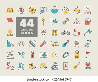 Camping, Hiking, Nature And Outdoor Activities Isolated Icons Set. Graph Symbol For Travel And Tourism Web Site And Apps Design, Logo, App, UI