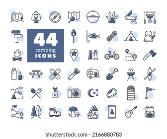 Camping, Hiking, Nature and Outdoor Activities isolated icons set. Graph symbol for travel and tourism web site and apps design, logo, app, UI