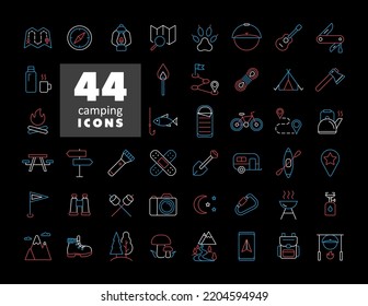 Camping, Hiking, Nature and Outdoor Activities isolated on black background icons set. Graph symbol for travel and tourism web site and apps design, logo, app, UI
