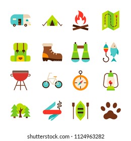 Camping Hiking Objects. Vector Illustration. Summer Collection of Items Isolated over White.
