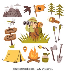 Camping, hiking and outdoor activities clip art collection. Explorer with binoculars behind the grass. Living in the forest isolated elements.