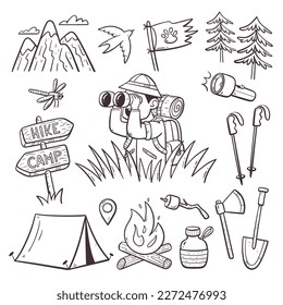 Camping, hiking, and outdoor activities doodle collection. Explorer with binoculars behind the grass. Cute isolated hand-drawn elements.