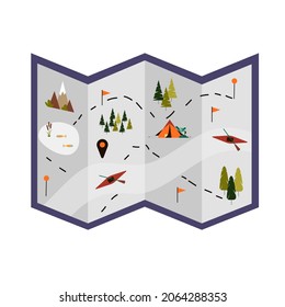 Camping, hiking and outdoor activities map, route planner. Vector illustration