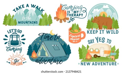 Camping, hiking and outdoor adventure motivation quotes and elements. Travel slogans with mountains, forest, tent and campfire vector set. Camping is my therapy, go explore, keep it wild text