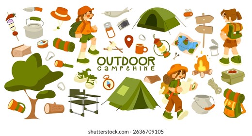 Camping Hiking Outdoor Adventure Set. Cartoon illustration set with camping equipment, hiking gear, nature elements, and characters. Flat hand-drawn style with warm colors, isolated on white backgroun