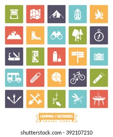 Iconos vectoriales de camping, senderismo y actividades al aire libre en cuadrados redondeados de colores