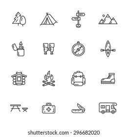 Camping, hiking and outdoor thin line icons