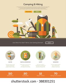 Camping, hiking, outdoors activity one page website template layout with header, banner, icons and other flat design web elements