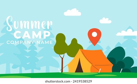 Camping y senderismo al aire libre en verano. Viajes y aventuras en bosques y montañas. Tienda con puntero de ubicación o destino. Tarjeta de visita o de negocios con el nombre de la empresa. Vector de estilo plano