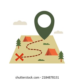 camping hiking route map with big location point and tent pine tree symbol. vector flat illustration icon design