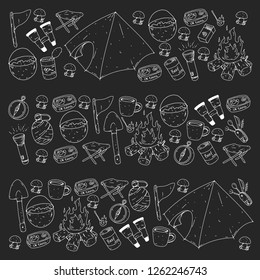 Camping, hiking, scouts. Vector set of doodle icons. Adventure at forest and nature with compass, tent, tincans. Blackboard chalk illustration.