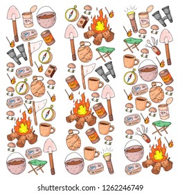 Camping, hiking, scouts. Vector set of doodle icons. Adventure at forest and nature with compass, tent, tincans. Pattern with travel elements.