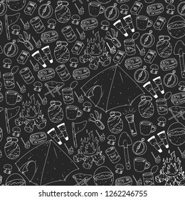Camping, hiking, scouts. Vector set of doodle icons. Adventure at forest and nature with compass, tent, tincans. Blackboard chalk illustration.