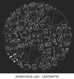 Camping, hiking, scouts. Vector set of doodle icons. Adventure at forest and nature with compass, tent, tincans. Blackboard chalk illustration.