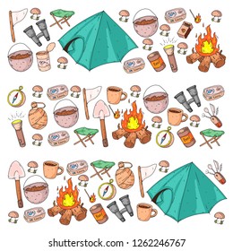 Camping, hiking, scouts. Vector set of doodle icons. Adventure at forest and nature with compass, tent, tincans. Pattern with travel elements.