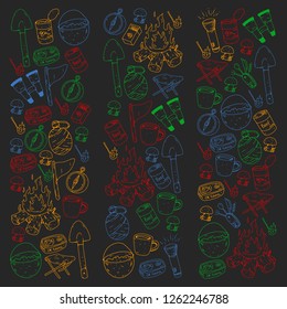 Camping, hiking, scouts. Vector set of doodle icons. Adventure at forest and nature with compass, tent, tincans. Pattern with colorful elements.