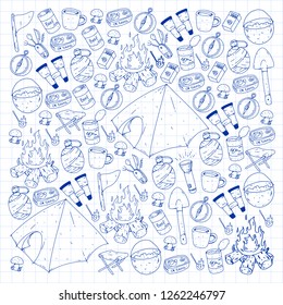 Camping, hiking, scouts. Vector set of doodle icons. Adventure at forest and nature with compass, tent, tincans. Pattern with ink pen elements.