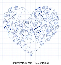 Camping, hiking, scouts. Vector set of doodle icons. Adventure at forest and nature with compass, tent, tincans. Pattern with ink pen elements.