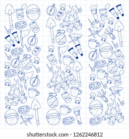 Camping, hiking, scouts. Vector set of doodle icons. Adventure at forest and nature with compass, tent, tincans. Pattern with ink pen elements.