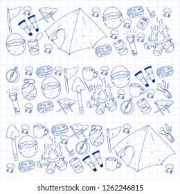 Camping, hiking, scouts. Vector set of doodle icons. Adventure at forest and nature with compass, tent, tincans. Pattern with ink pen elements.