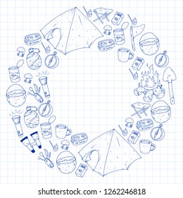 Camping, hiking, scouts. Vector set of doodle icons. Adventure at forest and nature with compass, tent, tincans. Pattern with ink pen elements.