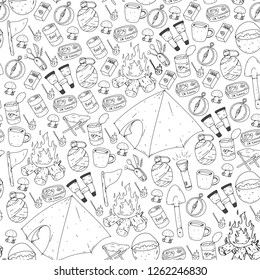 Camping, hiking, scouts. Vector set of doodle icons. Adventure at forest and nature with compass, tent, tincans. Pattern with colorful elements.