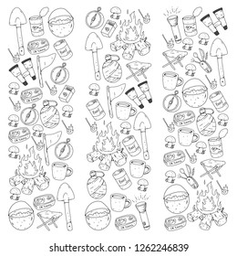 Camping, hiking, scouts. Vector set of doodle icons. Adventure at forest and nature with compass, tent, tincans. Pattern with colorful elements.