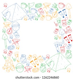 Camping, hiking, scouts. Vector set of doodle icons. Adventure at forest and nature with compass, tent, tincans. Pattern with colorful elements.