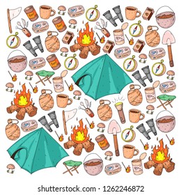 Camping, hiking, scouts. Vector set of doodle icons. Adventure at forest and nature with compass, tent, tincans. Pattern with travel elements.