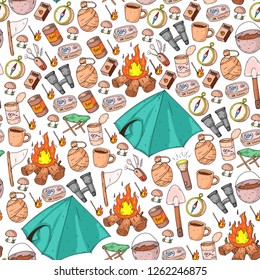 Camping, hiking, scouts. Vector set of doodle icons. Adventure at forest and nature with compass, tent, tincans. Pattern with travel elements.