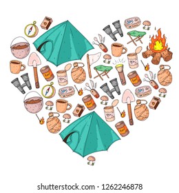 Camping, hiking, scouts. Vector set of doodle icons. Adventure at forest and nature with compass, tent, tincans. Pattern with travel elements.