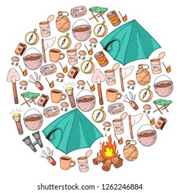 Camping, hiking, scouts. Vector set of doodle icons. Adventure at forest and nature with compass, tent, tincans. Pattern with travel elements.