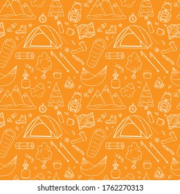 Camping, hiking, camping seamless pattern. Summer tourism doodles.