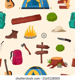 Camping and hiking seamless pattern. Summer camp travel tools collection for survival in wild, tent, backpack, map, axe, campfire and other camping equipment.