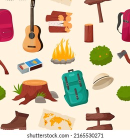 Camping and hiking seamless pattern. Summer camp travel tools collection for survival in wild, tent, backpack, map, axe, campfire and other camping equipment.