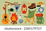 Camping, Hiking set. Campfire, guitar, camera, chair, backpack, boots, knife, knot, mug, lantern, compass. Hand drawn Vector illustration. Isolated design elements. Trekking, travel, tourism concept