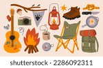 Camping, Hiking set. Campfire, guitar, camera, chair, backpack, boots, knife, knot, mug, lantern, compass. Hand drawn Vector illustration. Isolated design elements. Trekking, travel, tourism concept