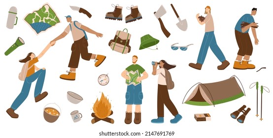 Camping and hiking set, characters concept and hand drawn elements - tent, campfire, map and backpack. Happy hikers in different poses. Vector illustration, object for expedition isolated on a white